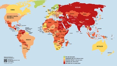 Weltkarte "Pressefreiheit 2024" der Organisation "Reporter ohne Grenzen". Eine interaktive Weltkarte zur Pressefreiheit gibt es unter https://www.reporter-ohne-grenzen.de/weltkarte/#ranglistederpressefreiheit | Bild: Reporter ohne Grenzen 